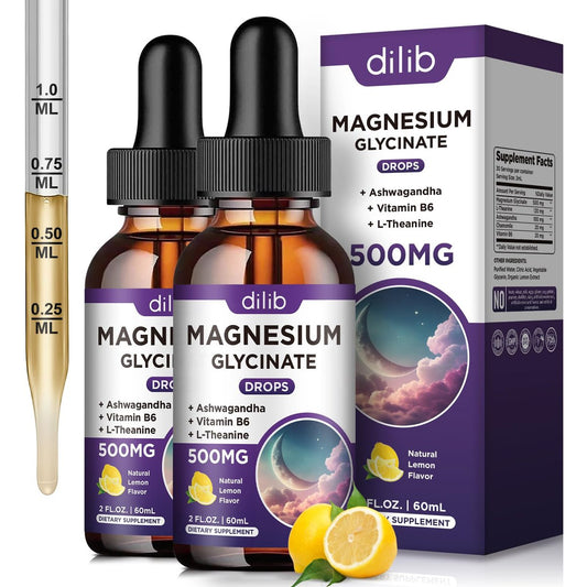 Dilib Magnesium Glycinat Tropfen – 2er-Pack mit 500 mg Magnesium, Vitamin B6, Ashwagandha, L-Theanin & Kamille – Vegan, flüssig für Stressabbau, Knochen, Muskeln & Stimmung