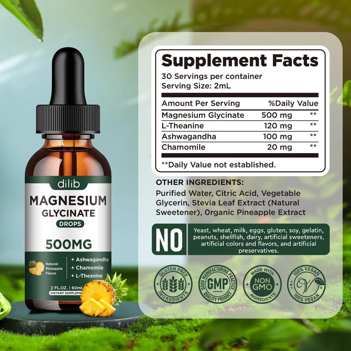 dilib (2er Pack) Magnesium Glycinat Supplement, Flüssiges Magnesium mit 500 mg Magnesiumglycinat, Ashwagandha, L-Theanin, Kamille – Fördert optimale Ruhe und Schlaf, Vegan
