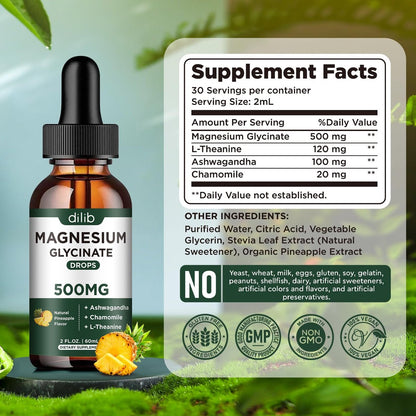 dilib (2er Pack) Magnesium Glycinat Supplement, Flüssiges Magnesium mit 500 mg Magnesiumglycinat, Ashwagandha, L-Theanin, Kamille – Fördert optimale Ruhe und Schlaf, Vegan