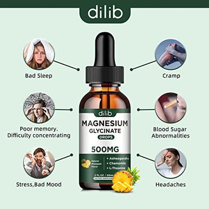 dilib (2er Pack) Magnesium Glycinat Supplement, Flüssiges Magnesium mit 500 mg Magnesiumglycinat, Ashwagandha, L-Theanin, Kamille – Fördert optimale Ruhe und Schlaf, Vegan