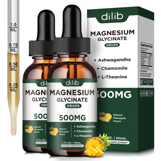 dilib (2er Pack) Magnesium Glycinat Supplement, Flüssiges Magnesium mit 500 mg Magnesiumglycinat, Ashwagandha, L-Theanin, Kamille – Fördert optimale Ruhe und Schlaf, Vegan