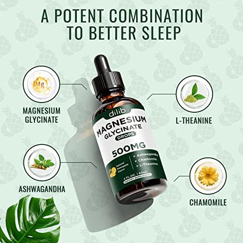 dilib (2er Pack) Magnesium Glycinat Supplement, Flüssiges Magnesium mit 500 mg Magnesiumglycinat, Ashwagandha, L-Theanin, Kamille – Fördert optimale Ruhe und Schlaf, Vegan