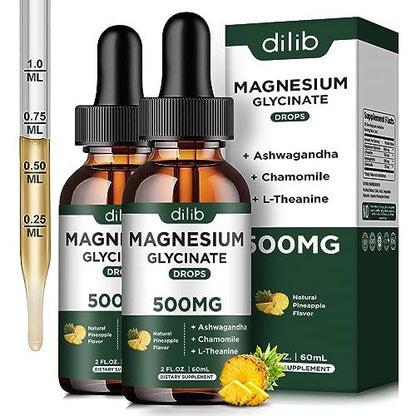 dilib (2er Pack) Magnesium Glycinat Supplement, Flüssiges Magnesium mit 500 mg Magnesiumglycinat, Ashwagandha, L-Theanin, Kamille – Fördert optimale Ruhe und Schlaf, Vegan