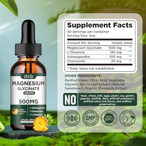dilib (2er Pack) Magnesium Glycinat Supplement, Flüssiges Magnesium mit 500 mg Magnesiumglycinat, Ashwagandha, L-Theanin, Kamille – Fördert optimale Ruhe und Schlaf, Vegan