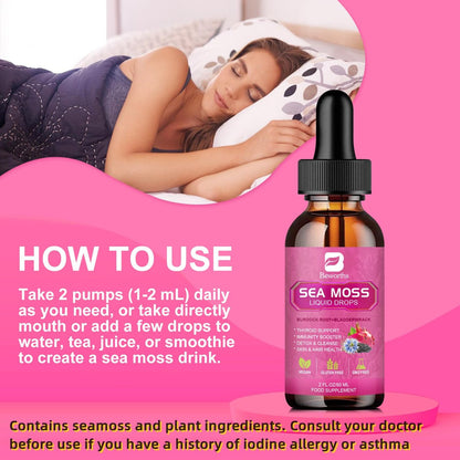 Sea Moss Liquid Drops - Bio-vegane irische Seamoss-Tropfen mit Schwarzkümmelöl, Ashwagandha, Soursop, Blasentang, Klettenwurzel, Holunderbeere, Kurkuma | Immunsystem, Energie, Haare & Verdauung - 60 ml