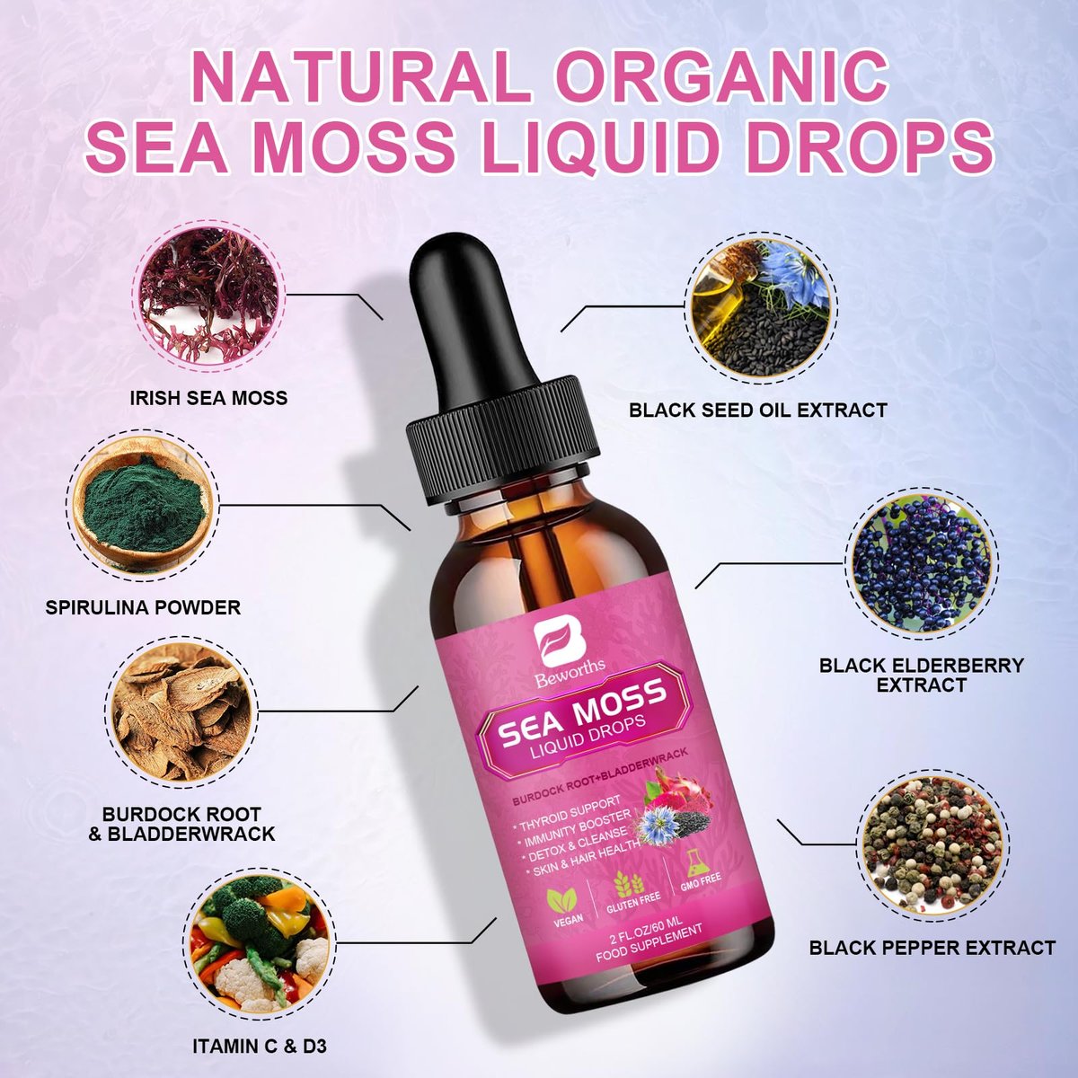 Sea Moss Liquid Drops - Bio-vegane irische Seamoss-Tropfen mit Schwarzkümmelöl, Ashwagandha, Soursop, Blasentang, Klettenwurzel, Holunderbeere, Kurkuma | Immunsystem, Energie, Haare & Verdauung - 60 ml