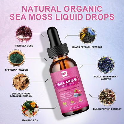 Sea Moss Liquid Drops - Bio-vegane irische Seamoss-Tropfen mit Schwarzkümmelöl, Ashwagandha, Soursop, Blasentang, Klettenwurzel, Holunderbeere, Kurkuma | Immunsystem, Energie, Haare & Verdauung - 60 ml