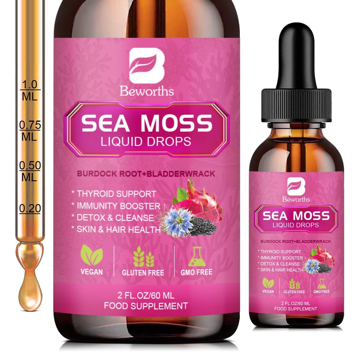 Sea Moss Liquid Drops - Bio-vegane irische Seamoss-Tropfen mit Schwarzkümmelöl, Ashwagandha, Soursop, Blasentang, Klettenwurzel, Holunderbeere, Kurkuma | Immunsystem, Energie, Haare & Verdauung - 60 ml