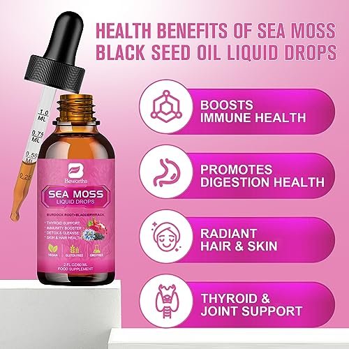 Sea Moss Liquid Drops - Bio-vegane irische Seamoss-Tropfen mit Schwarzkümmelöl, Ashwagandha, Soursop, Blasentang, Klettenwurzel, Holunderbeere, Kurkuma | Immunsystem, Energie, Haare & Verdauung - 60 ml