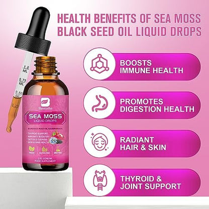 Sea Moss Liquid Drops - Bio-vegane irische Seamoss-Tropfen mit Schwarzkümmelöl, Ashwagandha, Soursop, Blasentang, Klettenwurzel, Holunderbeere, Kurkuma | Immunsystem, Energie, Haare & Verdauung - 60 ml