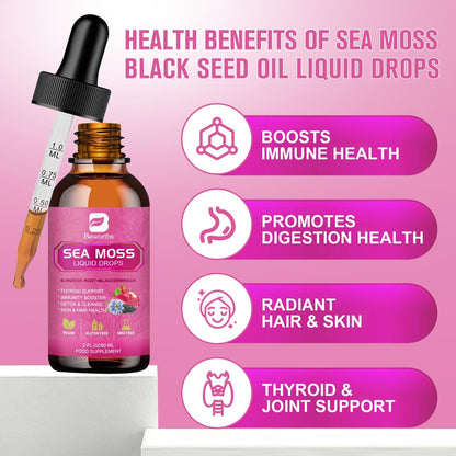 Sea Moss Liquid Drops - Bio-vegane irische Seamoss-Tropfen mit Schwarzkümmelöl, Ashwagandha, Soursop, Blasentang, Klettenwurzel, Holunderbeere, Kurkuma | Immunsystem, Energie, Haare & Verdauung - 60 ml