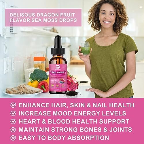 Sea Moss Liquid Drops - Bio-vegane irische Seamoss-Tropfen mit Schwarzkümmelöl, Ashwagandha, Soursop, Blasentang, Klettenwurzel, Holunderbeere, Kurkuma | Immunsystem, Energie, Haare & Verdauung - 60 ml