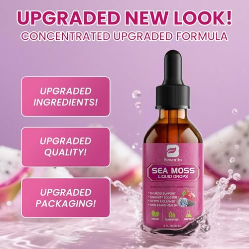 Sea Moss Liquid Drops - Bio-vegane irische Seamoss-Tropfen mit Schwarzkümmelöl, Ashwagandha, Soursop, Blasentang, Klettenwurzel, Holunderbeere, Kurkuma | Immunsystem, Energie, Haare & Verdauung - 60 ml