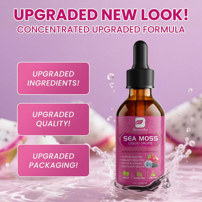 Sea Moss Liquid Drops - Bio-vegane irische Seamoss-Tropfen mit Schwarzkümmelöl, Ashwagandha, Soursop, Blasentang, Klettenwurzel, Holunderbeere, Kurkuma | Immunsystem, Energie, Haare & Verdauung - 60 ml