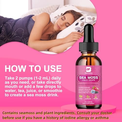 Sea Moss Liquid Drops - Bio-vegane irische Seamoss-Tropfen mit Schwarzkümmelöl, Ashwagandha, Soursop, Blasentang, Klettenwurzel, Holunderbeere, Kurkuma | Immunsystem, Energie, Haare & Verdauung - 60 ml