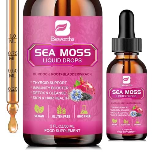 Sea Moss Liquid Drops - Bio-vegane irische Seamoss-Tropfen mit Schwarzkümmelöl, Ashwagandha, Soursop, Blasentang, Klettenwurzel, Holunderbeere, Kurkuma | Immunsystem, Energie, Haare & Verdauung - 60 ml