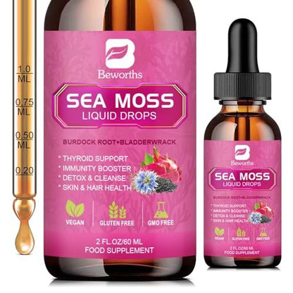 Sea Moss Liquid Drops - Bio-vegane irische Seamoss-Tropfen mit Schwarzkümmelöl, Ashwagandha, Soursop, Blasentang, Klettenwurzel, Holunderbeere, Kurkuma | Immunsystem, Energie, Haare & Verdauung - 60 ml
