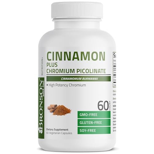 Bronson Zimt Plus Chrompicolinat Nahrungsergänzungsmittel, Hochdosiertes Chrom, Nicht-GMO, 60 Vegane Kapseln