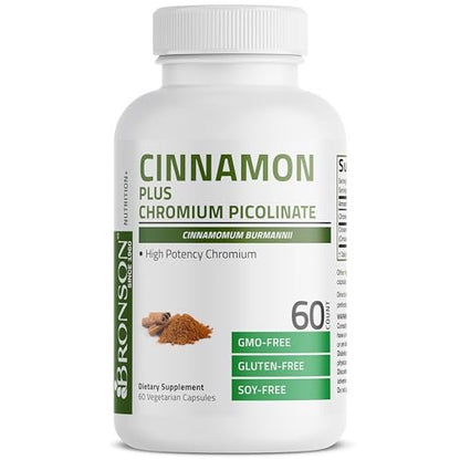 Bronson Zimt Plus Chrompicolinat Nahrungsergänzungsmittel, Hochdosiertes Chrom, Nicht-GMO, 60 Vegane Kapseln