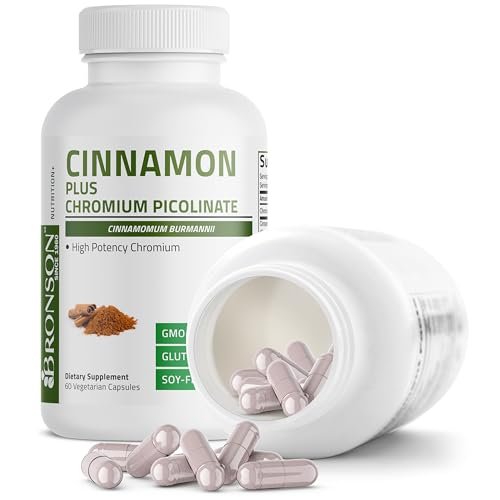 Bronson Zimt Plus Chrompicolinat Nahrungsergänzungsmittel, Hochdosiertes Chrom, Nicht-GMO, 60 Vegane Kapseln