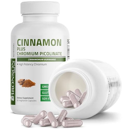 Bronson Zimt Plus Chrompicolinat Nahrungsergänzungsmittel, Hochdosiertes Chrom, Nicht-GMO, 60 Vegane Kapseln