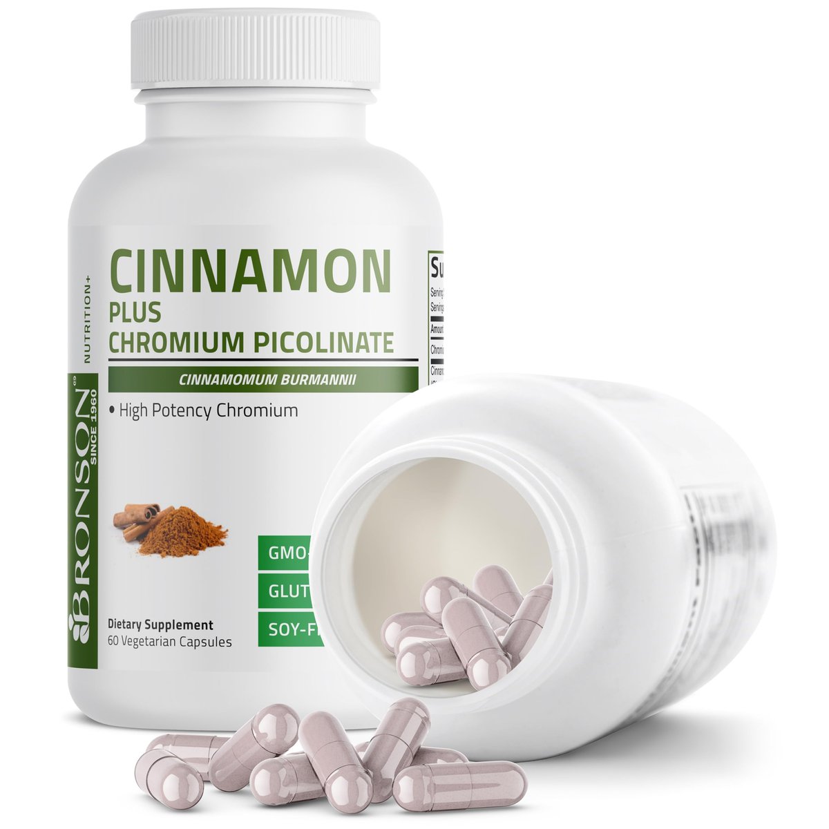 Bronson Zimt Plus Chrompicolinat Nahrungsergänzungsmittel, Hochdosiertes Chrom, Nicht-GMO, 60 Vegane Kapseln