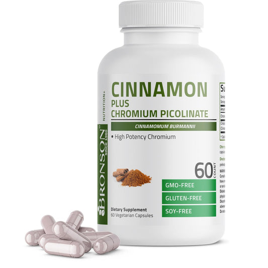 Bronson Zimt Plus Chrompicolinat Nahrungsergänzungsmittel, Hochdosiertes Chrom, Nicht-GMO, 60 Vegane Kapseln