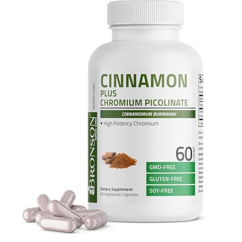Bronson Zimt Plus Chrompicolinat Nahrungsergänzungsmittel, Hochdosiertes Chrom, Nicht-GMO, 60 Vegane Kapseln