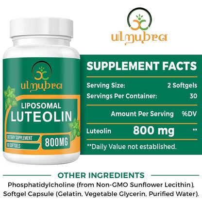 Ulmubra 800 mg Liposomales Luteolin Supplement – Maximale Absorption, Hochwertiges Antioxidans für Gehirn und allgemeines Wohlbefinden, 60 Softgels – 30-Tage-Vorrat