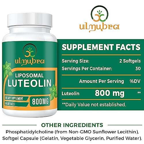 Ulmubra 800 mg Liposomales Luteolin Supplement – Maximale Absorption, Hochwertiges Antioxidans für Gehirn und allgemeines Wohlbefinden, 60 Softgels – 30-Tage-Vorrat