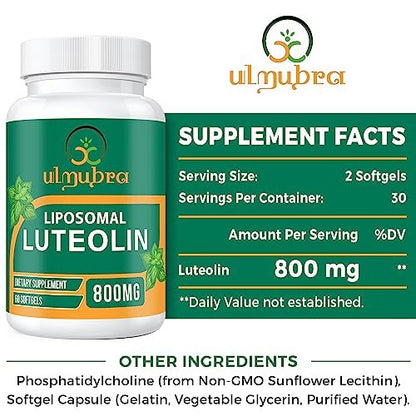Ulmubra 800 mg Liposomales Luteolin Supplement – Maximale Absorption, Hochwertiges Antioxidans für Gehirn und allgemeines Wohlbefinden, 60 Softgels – 30-Tage-Vorrat