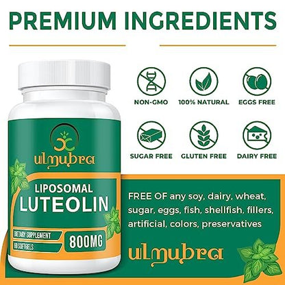 Ulmubra 800 mg Liposomales Luteolin Supplement – Maximale Absorption, Hochwertiges Antioxidans für Gehirn und allgemeines Wohlbefinden, 60 Softgels – 30-Tage-Vorrat