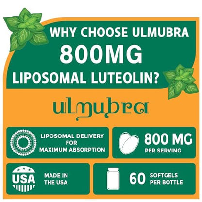Ulmubra 800 mg Liposomales Luteolin Supplement – Maximale Absorption, Hochwertiges Antioxidans für Gehirn und allgemeines Wohlbefinden, 60 Softgels – 30-Tage-Vorrat