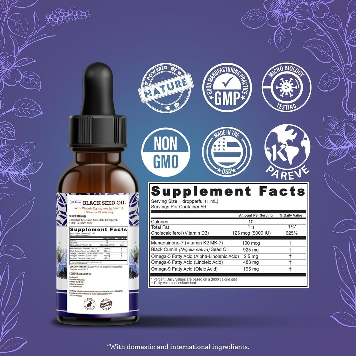 GuruNanda Schwarzkümmelöl, kaltgepresstes Nigella Sativa - Reich an Vitamin D3 5000 IE, K2 & E, hoher Thymochinon-Gehalt | Starkes Antioxidans zur Unterstützung des Immunsystems, Nicht-GVO, 60 ml