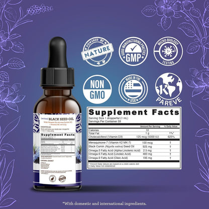 GuruNanda Schwarzkümmelöl, kaltgepresstes Nigella Sativa - Reich an Vitamin D3 5000 IE, K2 & E, hoher Thymochinon-Gehalt | Starkes Antioxidans zur Unterstützung des Immunsystems, Nicht-GVO, 60 ml