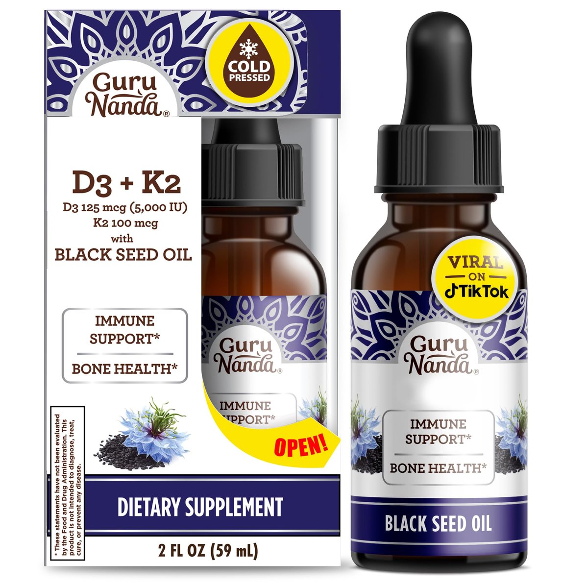 GuruNanda Schwarzkümmelöl, kaltgepresstes Nigella Sativa - Reich an Vitamin D3 5000 IE, K2 & E, hoher Thymochinon-Gehalt | Starkes Antioxidans zur Unterstützung des Immunsystems, Nicht-GVO, 60 ml