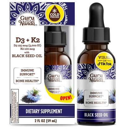 GuruNanda Schwarzkümmelöl, kaltgepresstes Nigella Sativa - Reich an Vitamin D3 5000 IE, K2 & E, hoher Thymochinon-Gehalt | Starkes Antioxidans zur Unterstützung des Immunsystems, Nicht-GVO, 60 ml