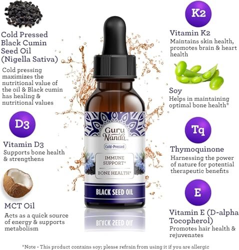 GuruNanda Schwarzkümmelöl, kaltgepresstes Nigella Sativa - Reich an Vitamin D3 5000 IE, K2 & E, hoher Thymochinon-Gehalt | Starkes Antioxidans zur Unterstützung des Immunsystems, Nicht-GVO, 60 ml