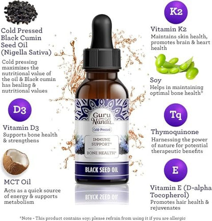 GuruNanda Schwarzkümmelöl, kaltgepresstes Nigella Sativa - Reich an Vitamin D3 5000 IE, K2 & E, hoher Thymochinon-Gehalt | Starkes Antioxidans zur Unterstützung des Immunsystems, Nicht-GVO, 60 ml