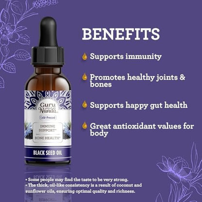 GuruNanda Schwarzkümmelöl, kaltgepresstes Nigella Sativa - Reich an Vitamin D3 5000 IE, K2 & E, hoher Thymochinon-Gehalt | Starkes Antioxidans zur Unterstützung des Immunsystems, Nicht-GVO, 60 ml