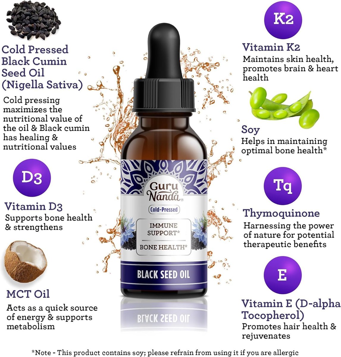 GuruNanda Schwarzkümmelöl, kaltgepresstes Nigella Sativa - Reich an Vitamin D3 5000 IE, K2 & E, hoher Thymochinon-Gehalt | Starkes Antioxidans zur Unterstützung des Immunsystems, Nicht-GVO, 60 ml