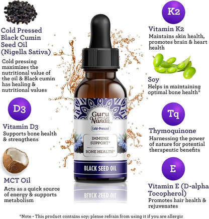 GuruNanda Schwarzkümmelöl, kaltgepresstes Nigella Sativa - Reich an Vitamin D3 5000 IE, K2 & E, hoher Thymochinon-Gehalt | Starkes Antioxidans zur Unterstützung des Immunsystems, Nicht-GVO, 60 ml