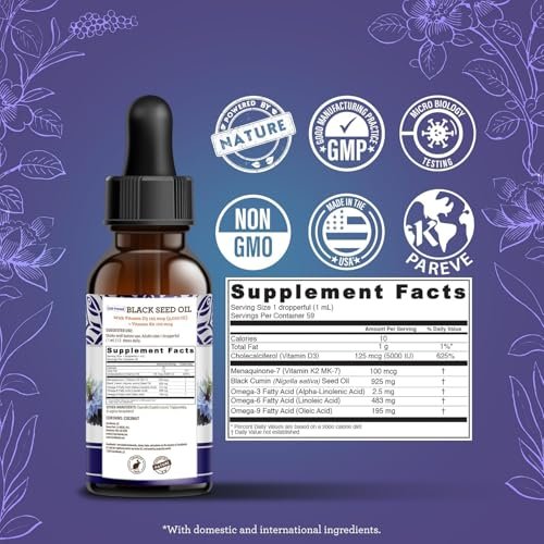 GuruNanda Schwarzkümmelöl, kaltgepresstes Nigella Sativa - Reich an Vitamin D3 5000 IE, K2 & E, hoher Thymochinon-Gehalt | Starkes Antioxidans zur Unterstützung des Immunsystems, Nicht-GVO, 60 ml