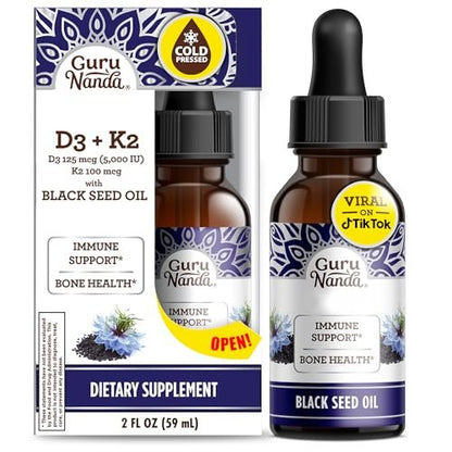 GuruNanda Schwarzkümmelöl, kaltgepresstes Nigella Sativa - Reich an Vitamin D3 5000 IE, K2 & E, hoher Thymochinon-Gehalt | Starkes Antioxidans zur Unterstützung des Immunsystems, Nicht-GVO, 60 ml