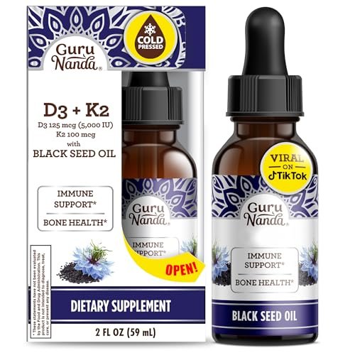 GuruNanda Schwarzkümmelöl, kaltgepresstes Nigella Sativa - Reich an Vitamin D3 5000 IE, K2 & E, hoher Thymochinon-Gehalt | Starkes Antioxidans zur Unterstützung des Immunsystems, Nicht-GVO, 60 ml