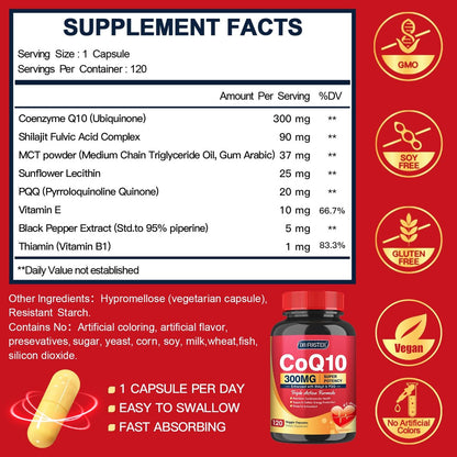 Quinovit CoQ10 300 mg mit PQQ & Shilajit – Starkes Antioxidans für Herz- & Gehirngesundheit und Energieproduktion – Hochabsorbierend mit Bioperin Coenzym Q10 – 120 Kapseln