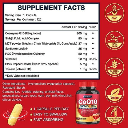Quinovit CoQ10 300 mg mit PQQ & Shilajit – Starkes Antioxidans für Herz- & Gehirngesundheit und Energieproduktion – Hochabsorbierend mit Bioperin Coenzym Q10 – 120 Kapseln