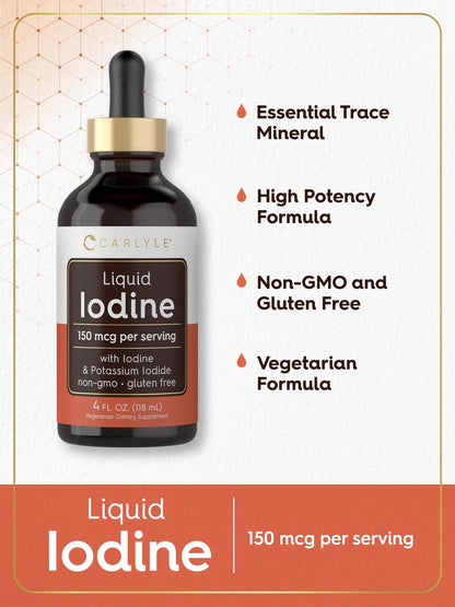 Carlyle Jod-Tropfen flüssig 118 ml | 150 mcg | Jod & Kaliumjodid Nahrungsergänzung | Vegane Flüssigtinktur | Non-GMO, Glutenfrei