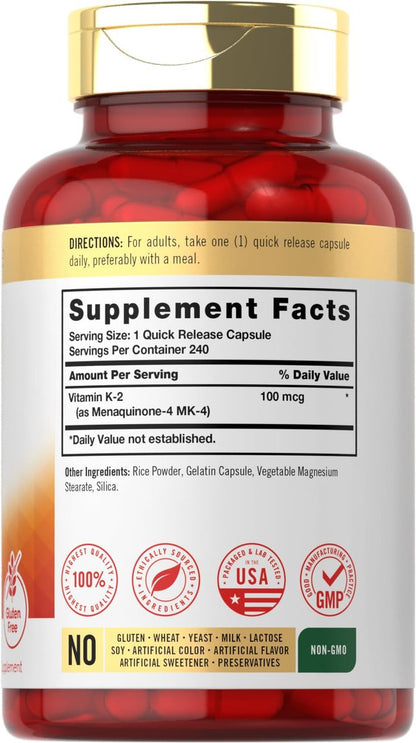 Carlyle Vitamin K2 Supplement 100 mcg | K2 MK-4 | 240 Kapseln | Non-GMO & Glutenfrei