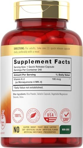 Carlyle Vitamin K2 Supplement 100 mcg | K2 MK-4 | 240 Kapseln | Non-GMO & Glutenfrei